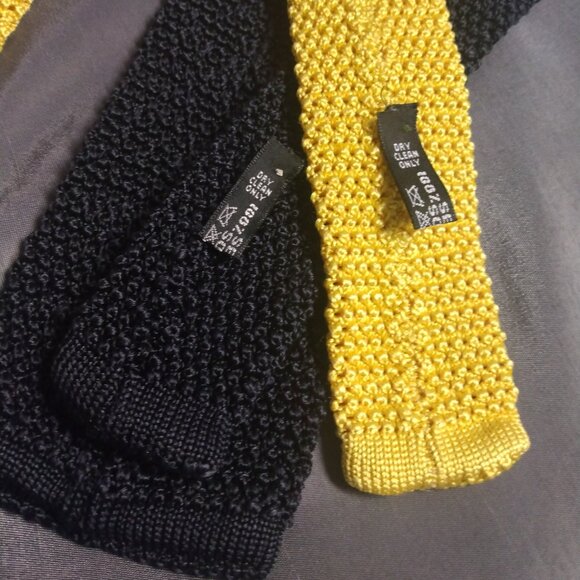 ❤️Lot 2 LAND'S END Italy Black Yellow Grenadine Square Skinny Neckties Tie - Picture 4 of 4